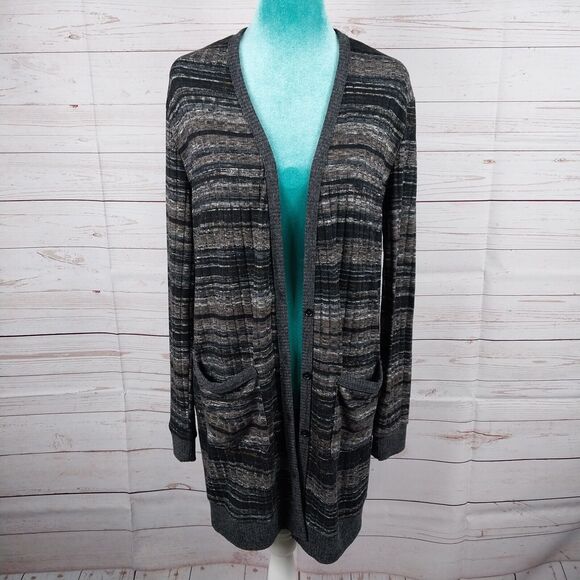 Miss Me Long Cardigan Womens M Pockets Button Up Long Sleeve Black Gray Expands - Picture 1 of 12